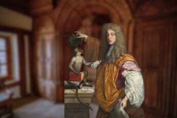 John Wilmot, 2nd Earl of Rochester, with a monkey, in an ornate Tudor-style paneled room